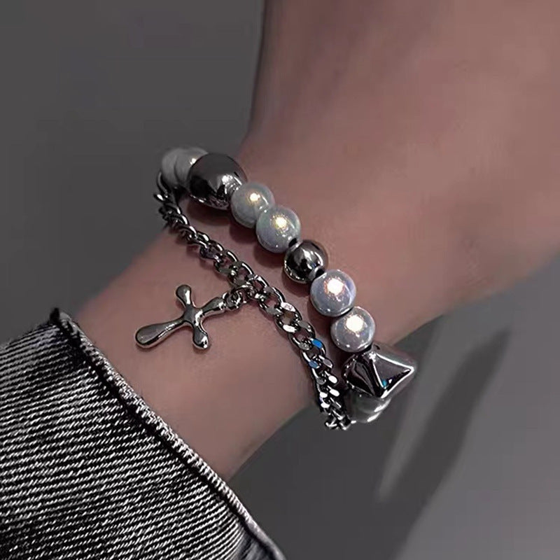 Fashion Jewelry Double-layer Reflective Pearl Cross Bracelet
