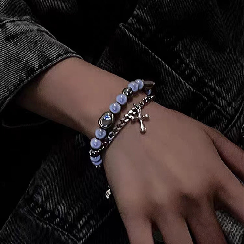 Fashion Jewelry Double-layer Reflective Pearl Cross Bracelet