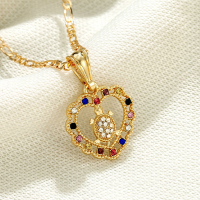 Turtle Heart Color Stone 14K Gold Plated Necklace