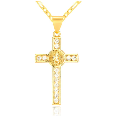 Virgen Mary CZ Cross Necklace 14K Gold Plated Cross - Luxe & Co. Jewelry