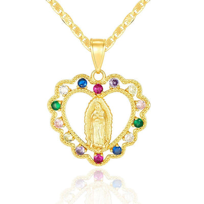 Virgen Mary Heart CZ Colorful 14K Gold Plated Necklace - Luxe & Co. Jewelry