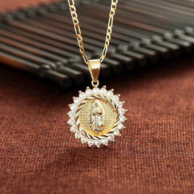Virgen Mary CZ Round 14K Gold Plated Necklace - Luxe & Co. Jewelry