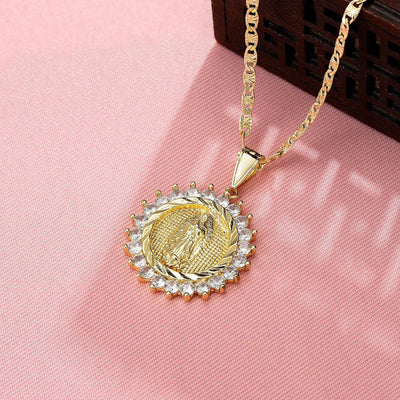 Virgen Mary CZ Round 14K Gold Plated Necklace - Luxe & Co. Jewelry