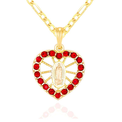 Virgen Mary Ruby Heart CZ 14K Gold Plated Necklace - Luxe & Co. Jewelry