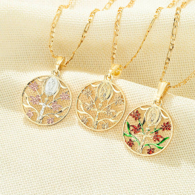 Virgen Mary + Christ Flowers 14K Gold Plated Necklace - Luxe & Co. Jewelry