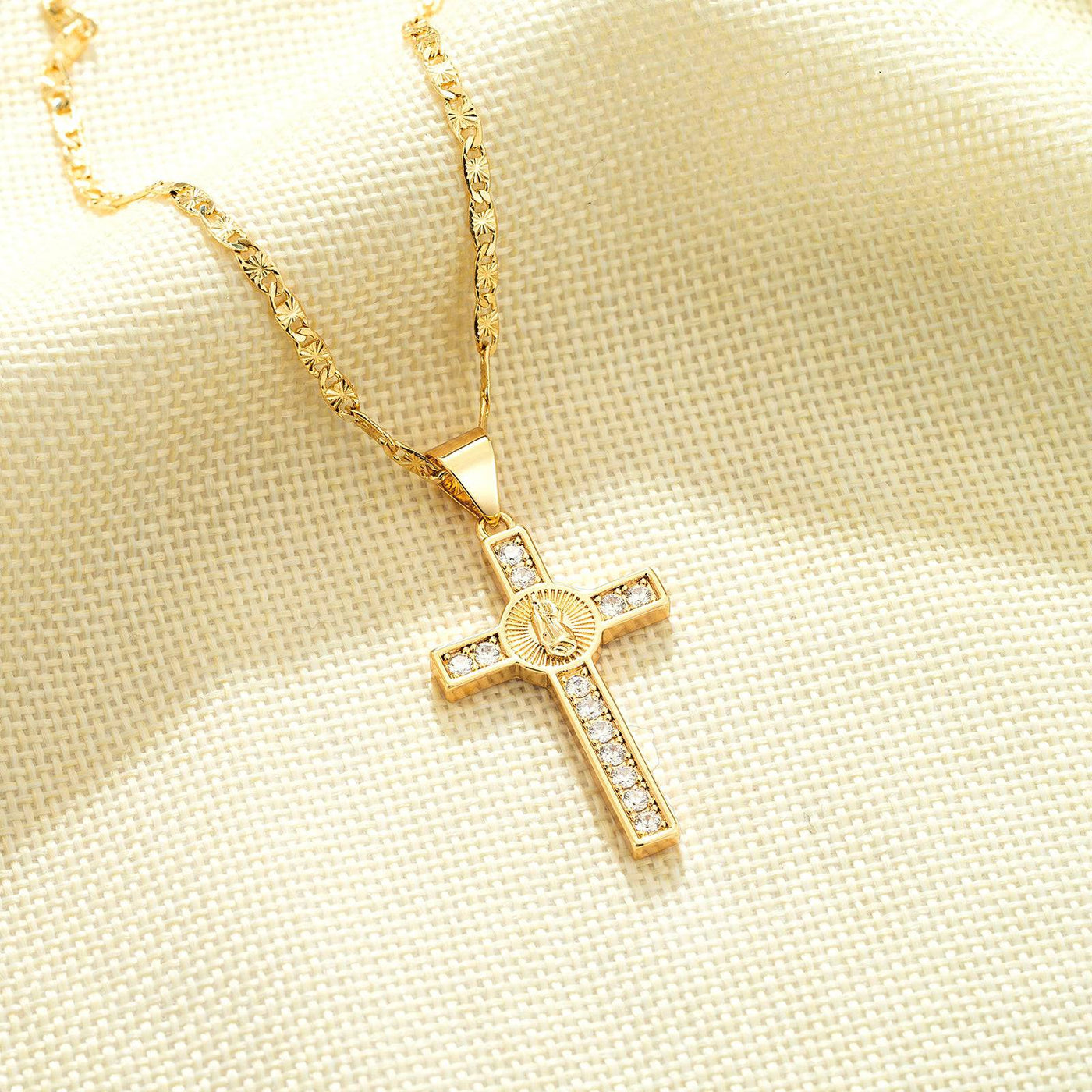 Virgen Mary CZ Cross Necklace 14K Gold Plated Cross - Luxe & Co. Jewelry