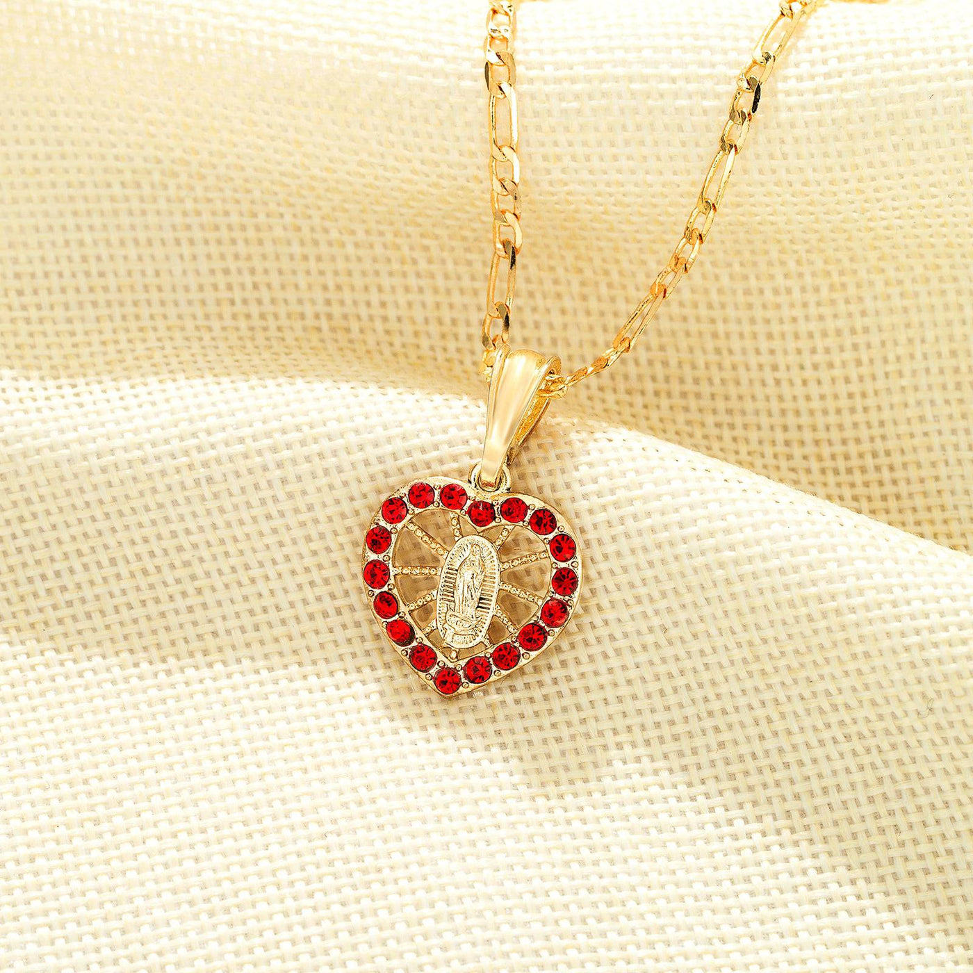 Virgen Mary Ruby Heart CZ 14K Gold Plated Necklace - Luxe & Co. Jewelry